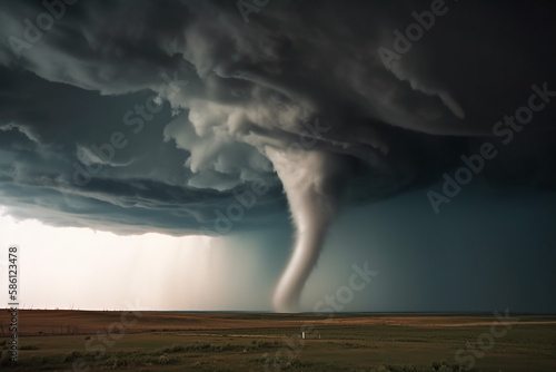 big dangerous tornado destroys local fields, generative AI