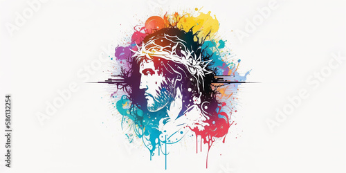 Minimalistic God Jesus on white background. He is risen in easter day concept banner, with God Jesus. Jesus is closer to children in colorful illustrations. Banner with space for text, copy space.