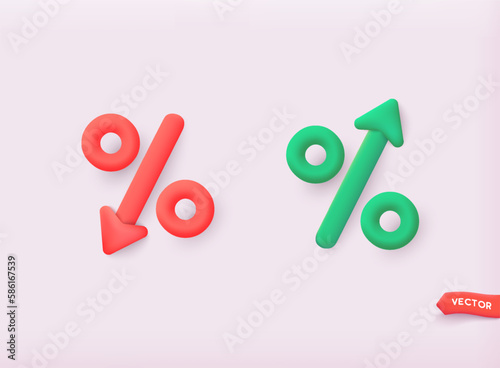 Price low down and up icon concept. Interest low price 3d percent discount vector iconPercentage with arrow up and down. 3D Web Vector Illustrations.