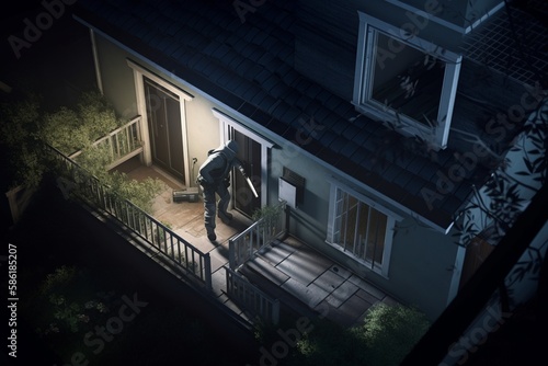 a housebreaking concept with an intruder sneaking into a house at night, holding a crowbar. generative ai