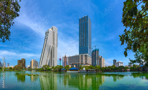 Skyline of Colombo behind South Beira lake, Sri Lanka