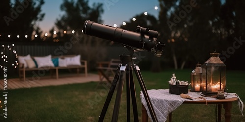 telescope set up in backyard ready for evening of stargazing and amateur astronomy with star filled sky, concept of Amateur Astronomy and Stargazing Setup, created with Generative AI technology