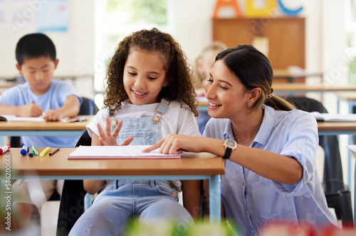 Teacher, learning and helping girl in classroom for knowledge, studying and assessment. Preschool smile, development and happy kid or student with woman for education with notebook in kindergarten.