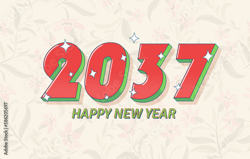 Happy New Year 2037 Numbers Written In a Red Bold Font On Floral Background.