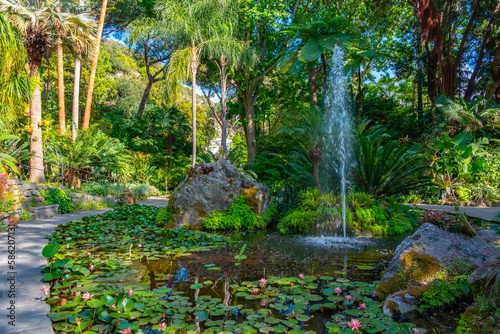 Fountain at Giardini la Mortella gardens at Ischia, Italy