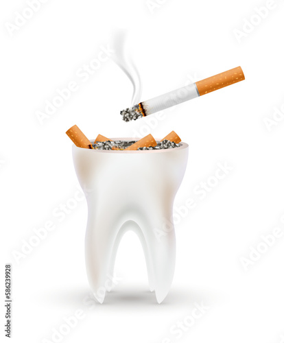 Ashtray teeth with cigarette. Dangers of smoking effect on human tooth. Dental care concept. Stop smoking, World No Tobacco Day. 3D Vector illustration on white background.