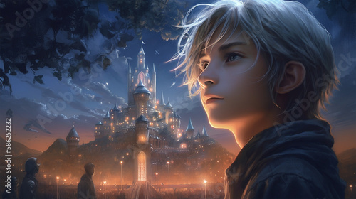 A painting of a boy in front of a castle