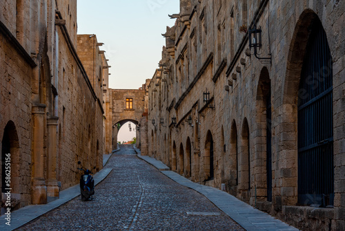 Sunrise view of a historical street in the center of Rhodes, Greece