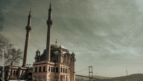 Ortakoy Mosque also known as Büyük Mecidiye Camii in Beşiktaş, Istanbul, Turkey. It was built in 1853 in baroque style. Ramadan wallpaper for islamic culture.
