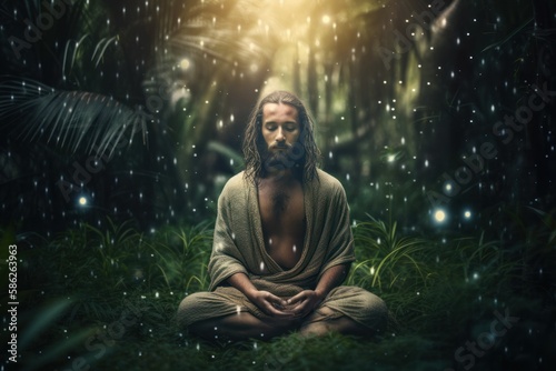 Man meditating in forest in lotus yoga pose. Generative ai illustration.