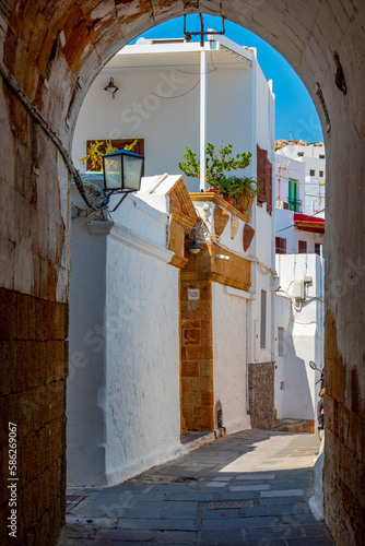 White streets of Greek town Lindos at Rhodes island