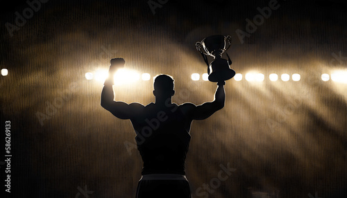 Champion professional boxer fight in ring match with spot lighting. Banner sport winner. Generation AI
