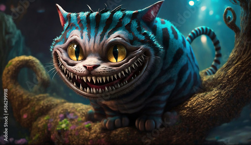 Cheshire Cat from Alice in Wonderland grinning in fantasy forest (created with Generative AI)