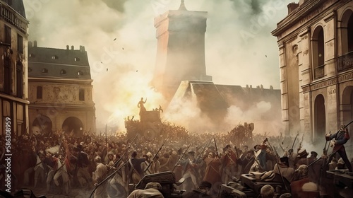 Historical recreation of the French revolution in front of the Bastille prison, generative AI