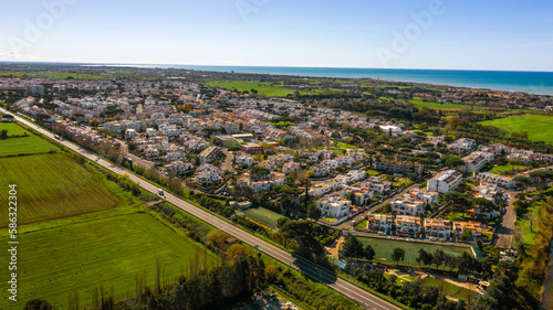 Aerial view of Marina di Cerveteri. It is a hamlet of Cerveteri in the Metropolitan City of Rome, Lazio, Italy. It is located on the Mediterranean Sea.