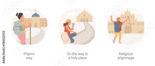 Christian pilgrimage isolated cartoon vector illustration set. Young woman making religious pilgrimage, caminho, on the way to holy place, young man walking, sacred destination vector cartoon.