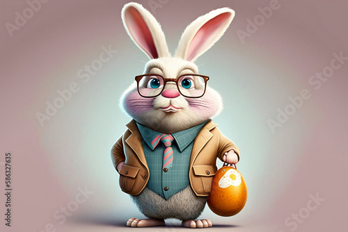 Easter bunny in jacket standing in colorful space holding big easter egg like a bag