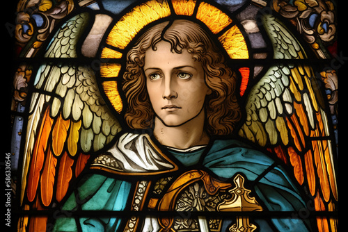 St. Michael the Archangel Illustration. Archangle Saint Michael. Generative Ai. Protection and Defense Symbol. Stained Glass.