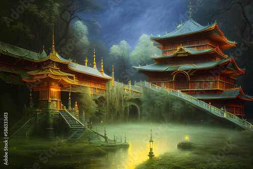 Japoński pałac w mrocznej scenerii, abstrakcja. Generative AI