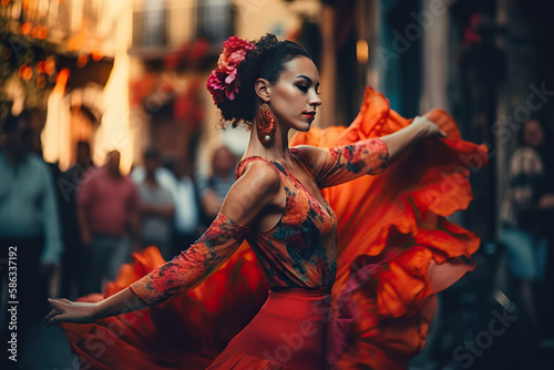 A passionate flamenco dancer is seen twirling and moving gracefully in a colorful Spanish street, embodying the essence of Andalusian culture | Flamenco in the Streets of Andalusia AI GENERATIVE