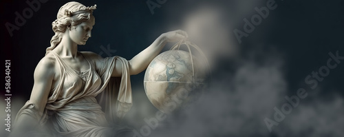 A Universal Image of Justice: The Lady of Justice with Her Hand on the World Globe and Its Significance. Generative AI.