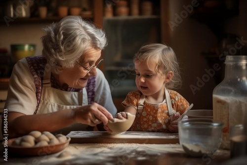 grandmother and granddaughter baking cookies - grandma and little girl baking together - generative ai - not real people