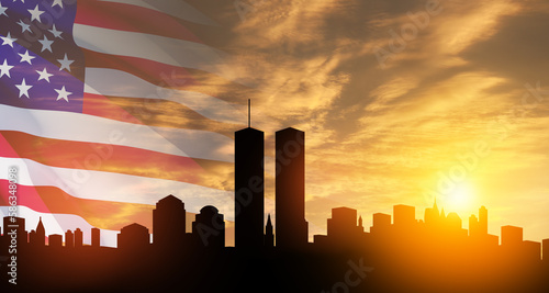 New York skyline silhouette with Twin Towers and USA flag at sunset. American Patriot Day banner.