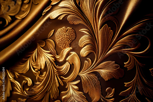 Luxurious gold brocade draped fabric with embroidered floral pattern, textile background. Generative AI