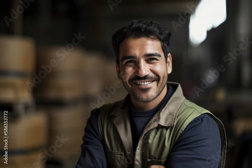 Male factory worker posing looking at the camera. Generative AI
