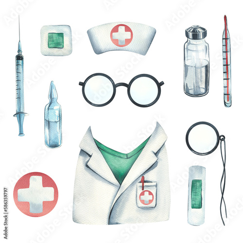 Medical kit with gown, doctor's cap, glasses, pince-nez, adhesive plaster, thermometer, syringe and medicines. Watercolor illustration. For hospitals, clinics, pharmacies, medical offices.