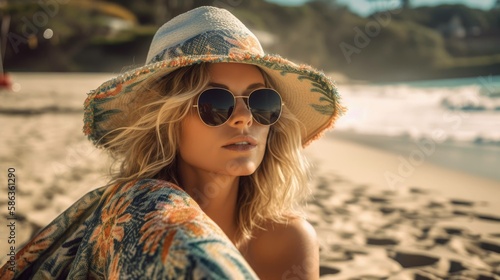 Portrait of a fictional blond woman model with a colorful hat and sunglasses at the beach. Generative AI illustration.