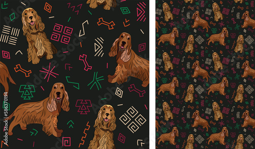 Abstract ethnic pattern with cute Spaniel, black background, juneteenth seamless pattern with hand-drawn lines and colorful shapes in traditional African style. Summer seamless pattern with dogs. 