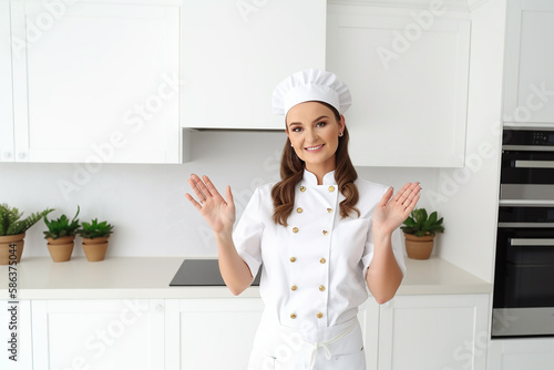 Conceito de culinária, culinária e pessoas - chef feminina sorridente feliz segurando prato vazio sobre o fundo da cozinha do restaurante