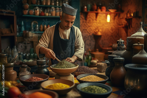 Authentic Marrocan Cuisine. Experience the rustic and flavorful dishes of a Morroco. Traditional food, including tagines. Gastronomy and culinary of africa concept. AI Generative 