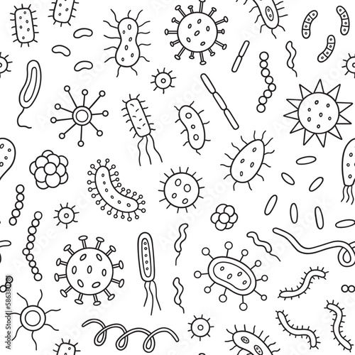 Seamless pattern of Bacteria and Viruses doodle. Microorganism in sketch style. Hand drawn vector illustration