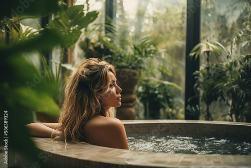 Sensual Hydrotherapy. A naked woman indulging in a relaxing hydrotherapy bath at a spa, surrounded by lush green plants and an indoor garden. Wellness and self-care concept. AI Generative
