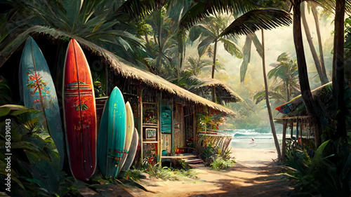 A tropical island paradise with a row of vibrant surfboards by the beach