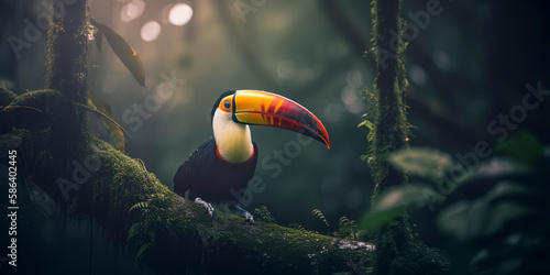 Eye-catching toucan surrounded by the vibrant colors of the jungle. Generative AI