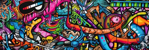 Vibrant colors come alive in this street art mural, expressing the artists creativity through a mix of text and graffiti. Full Frame, Generative AI