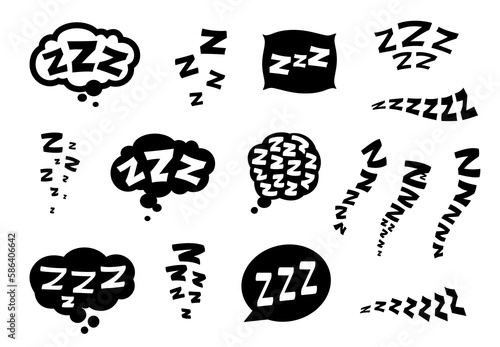 Zzz, Zzzz doodle bed sleep and snore icons of snooze nap vector Z sound icons. Sleeping cloud bubbles and pillows of sleeper or alarm clock Zzz doodle symbols for goodnight sleep and snooze expression