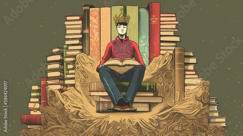 An image of a person sitting on a book throne, with different book spines forming the structure and characters from the stories serving as the courtiers. - Generative AI