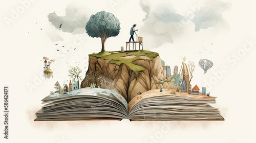An image of a person standing on a book, with different characters and elements from the story forming the landscape beneath their feet - Generative AI