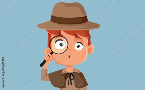 Little Boy Wearing a Private Detective Costumer Vector Cartoon Character. Happy cheerful kid playing dress up in detective outfit on Halloween 