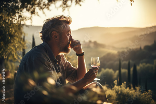 A man sipping a glass of Chianti wine with breathtaking views of Tuscany - Italian region famous for its picturesque landscapes and excellent wines - ai generative