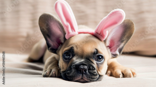 Cute bulldog / French bulldog puppy with bunny ears Easter costume Generative Art
