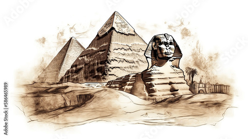 Great Sphinx of Giza and Egyptian pyramids y ink technique isolated on white. AI generated illustration