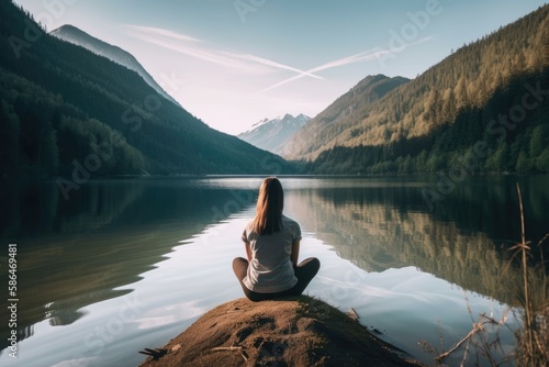 A person sitting on a peaceful lakeside, surrounded by mountains. Generative AI