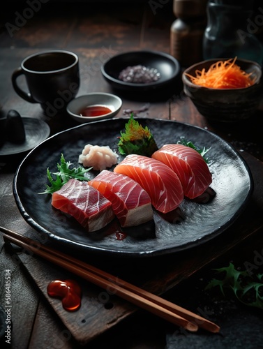 Thunfisch-Sashimi und Nigiri - Maguro, die beliebtesten Sushi-Sorten, als Sashimi oder auf Reis. Lachs-Sashimi und Nigiri - Sake, ein weiterer Favorit, in rohem Zustand. - Generative AI