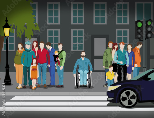 Une personne seule en fauteuil roulant qui attend pour traverser la rue au milieu d'autres gens. Concept inclusion.