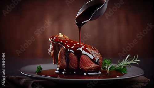 Liquid pouring on cooked meat Duck steak prepared by chef. Delicious sauce for poultry meat with Generative AI Technology